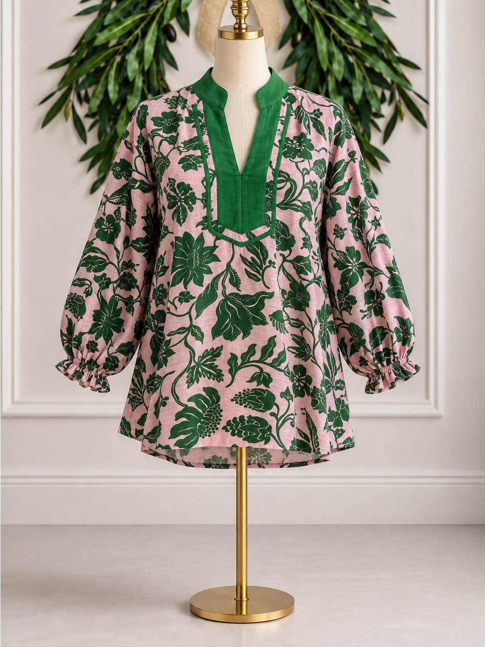 Umgee NWT Pink Green Floral Tunic Blouse Large Tropical Preppy Resortwear Cruise